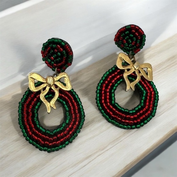 Festive Green and Red Beaded Earrings with Gold Bow - Picture 5 of 5